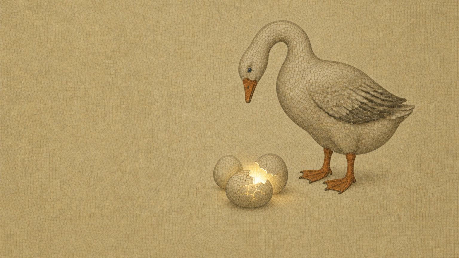 The goose watches over a clutch of eggs; one shell is beginning to crack.