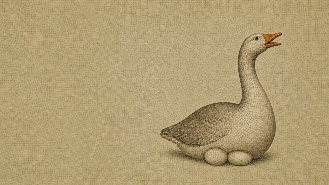 The Roman mosaic goose nesting on its eggs.
